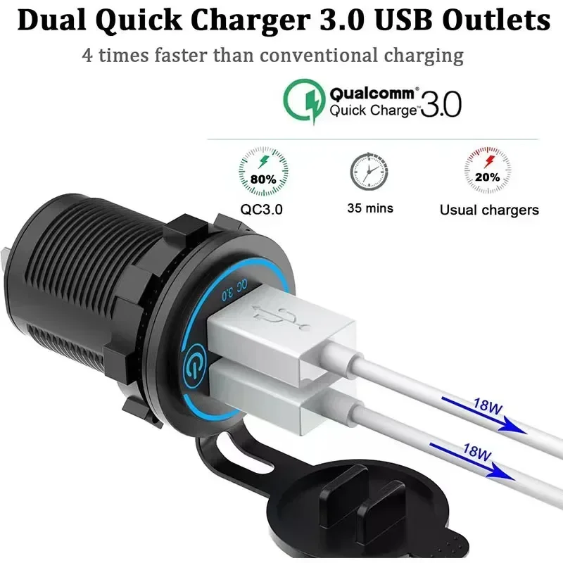 60W Dual QC 3.0 Dual USB Snelle Autolader Socket 12V/24V Waterdicht met Schakelaar Auto Quckly Charge Adapter Stopcontact