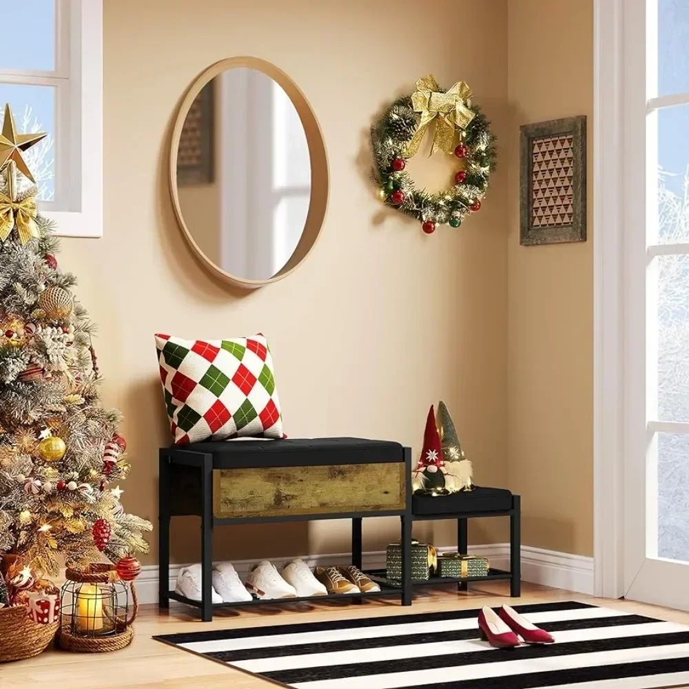 

A Shoe rack parent-child shoe storage bench with cushion, black entryway storage bench, front door entrance