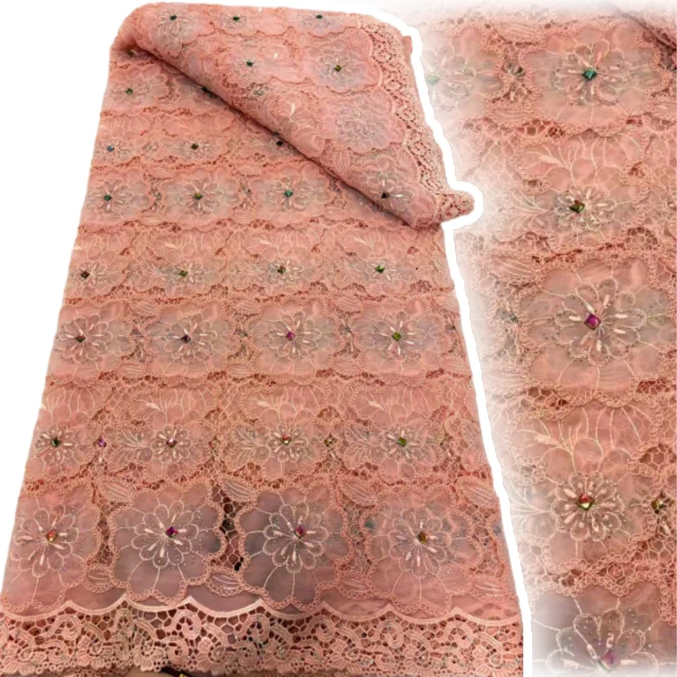 

2025 Высокое качество, африканский гипюр, водорастворимая нигерийская кружевная ткань, вышивка бисером, тюль, камни, свадебное платье CC1554