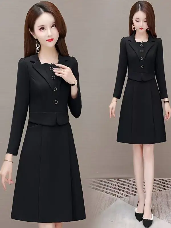 おしゃれなAラインドレススーツ襟付き秋新作着痩せママ服韓国風通勤長袖ミディドレス
