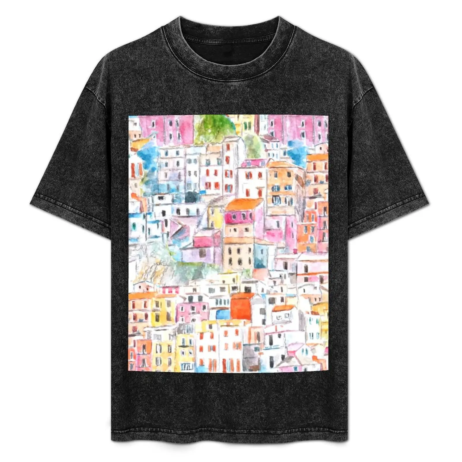 

Italy Cinque Terre pattern watercolor painting T-Shirt quick drying graphic t shirt vintage mens clothing