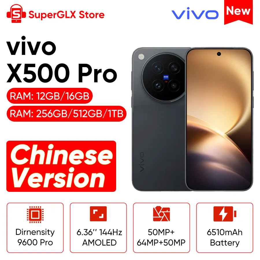 中国版 vivo X500 Pro 5G スマートフォン。6.36インチ、144Hz AMOLEDディスプレイ、MediaTek Dimensity 9600 Proプロセッサ、90W有線充電、40Wワイヤレス充電、NFC対応。