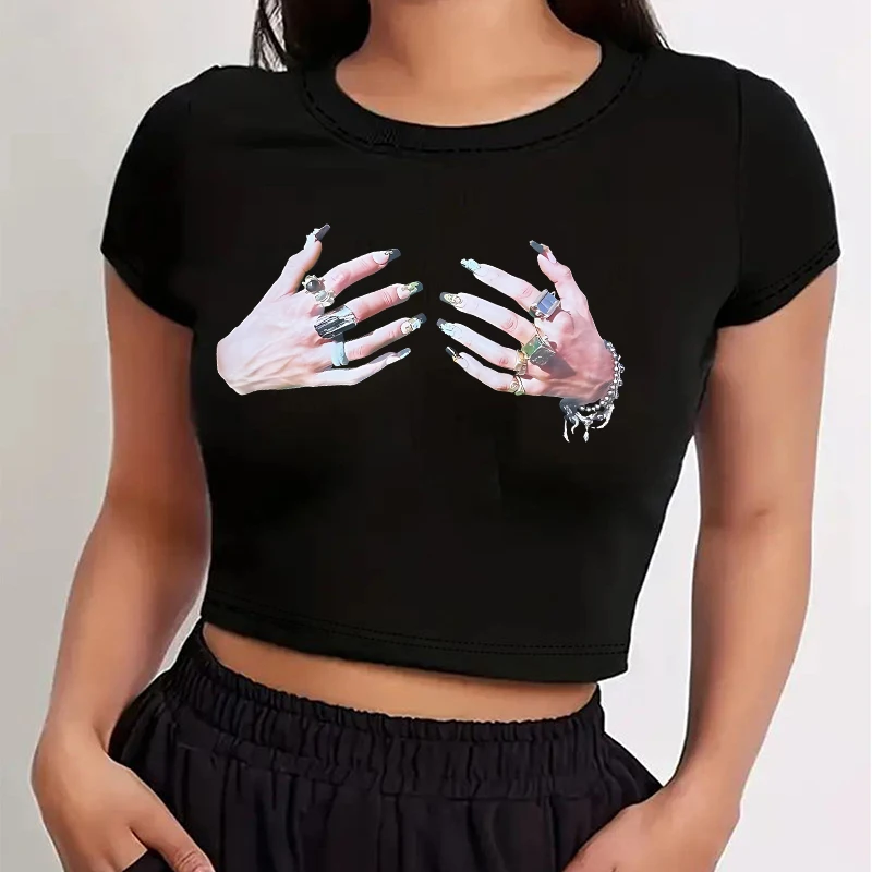 Koszulka damska streetwear, uniwersalna, klasyczna, vintage, z kreatywnym nadrukiem ręcznie robionym, typu baby tee, Y2k, Harajuku, punk, dopasowana, seksowna, crop top