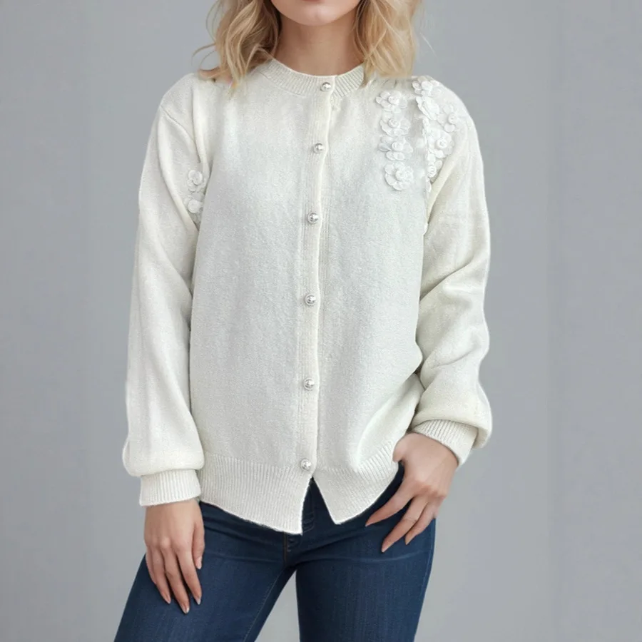 

2025 Autumn Winter New Patchwork Floral Knitted Cardigan Round Neck Long Sleeve Sweet Style Casual Women's Sweater