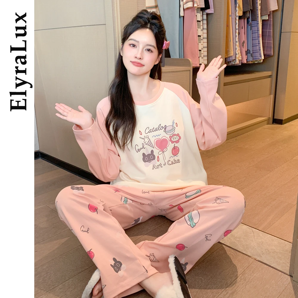 

ElyraLux Autumn Cotton Couples Pajamas Set Long Sleeve Sleepwear Women Korean Style Home Clothes Matching Outfit Cozy Pijama
