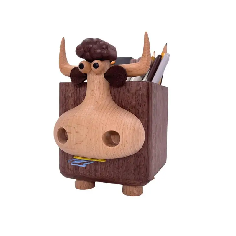 Pen Holder Wood Pen Holder Cartoon Animal Stand Pencil Organizer Desk Accessories Black Walnut Stationary Organizer Storage For