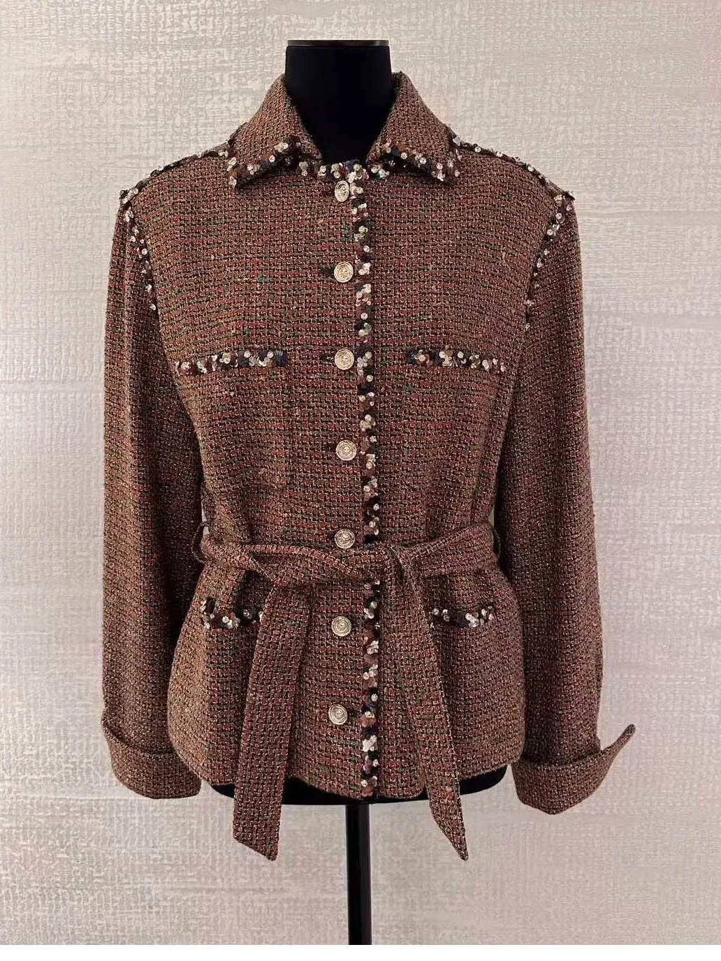 

Осень 2023, новинка, твидовый джинт длиной, женская верхняя одежда с отложным воротником и покрытием, прямой крой