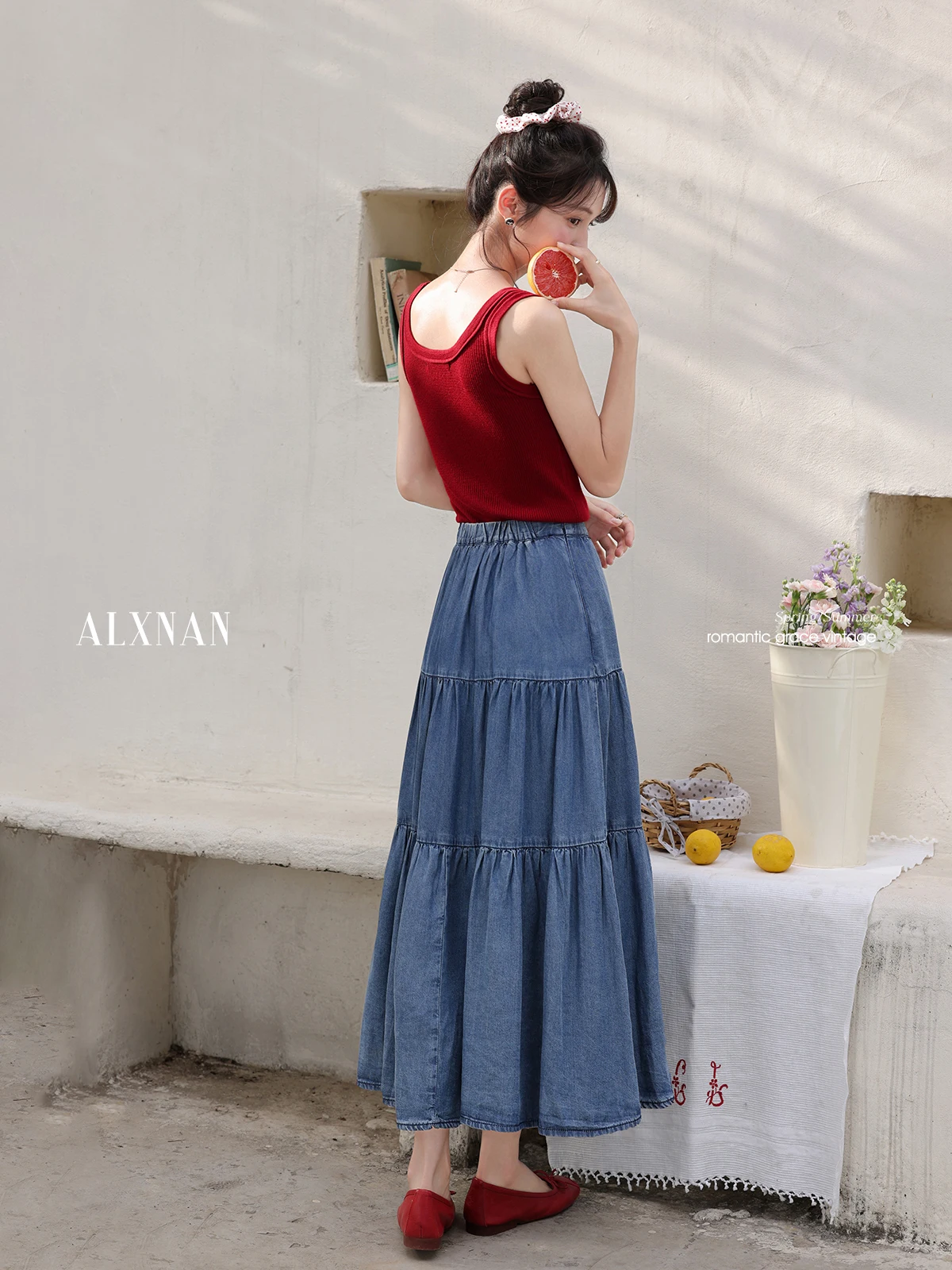 ALXNAN Women's Blue Denim Skirt Elegant High-waist A-line Lyocell Long Skirt 2025 Summer Casual Loose-fit Ladies Clothing L55770