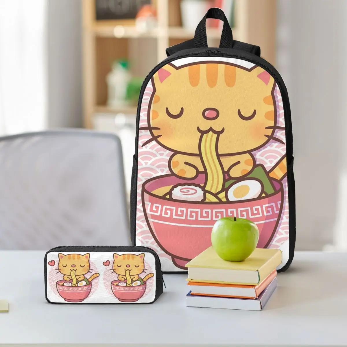 Cute Cat Eat Lamian Noodles Ramen Backpack Student BookBag School Bag Shoulder Bags 3ps Insulated Lunch Bag Pencil Case