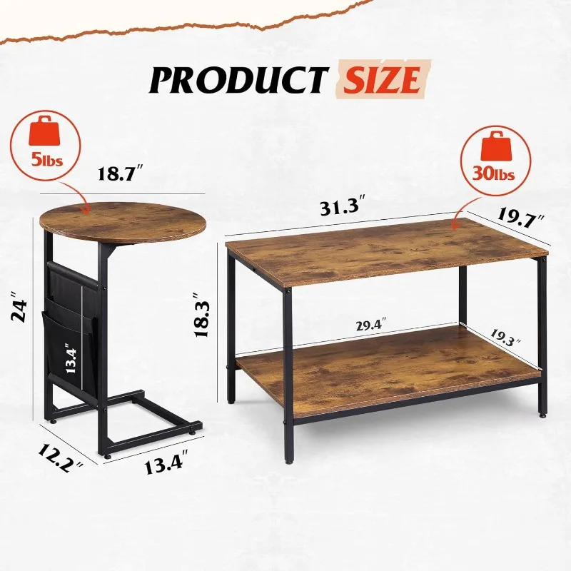 Mesa de centro con bolsa lateral para sala de estar, pequeña, redonda y Rectangular, diseño 2 en 1