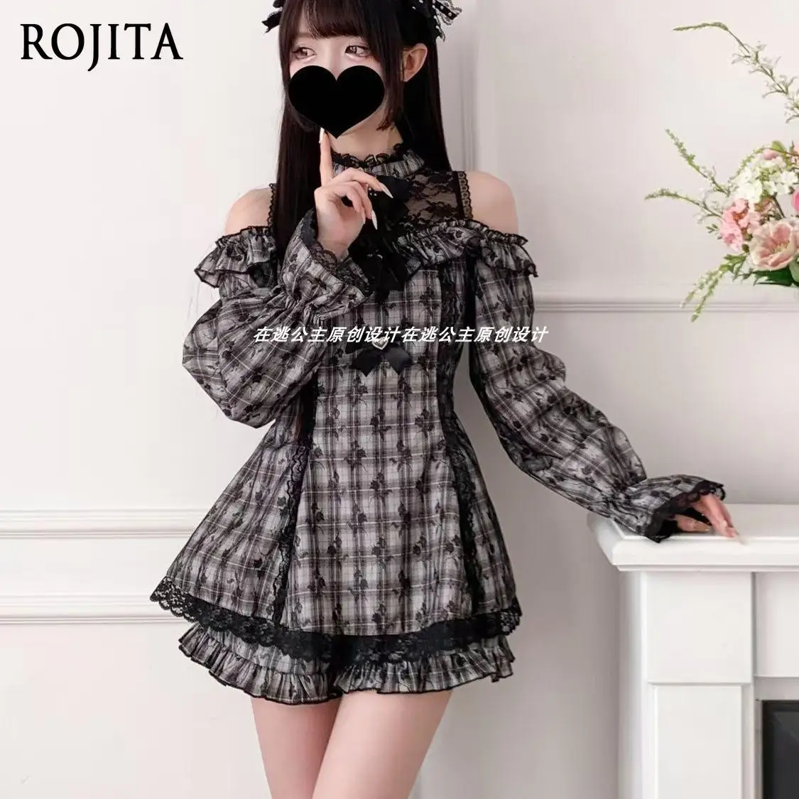 

Mine Skirt Gray Plaid Bud Suit Lolita Skirt Shorts Set Japanese One-word Shoulder Lolita Bud Suit Two Piece Sets Womens Outifits