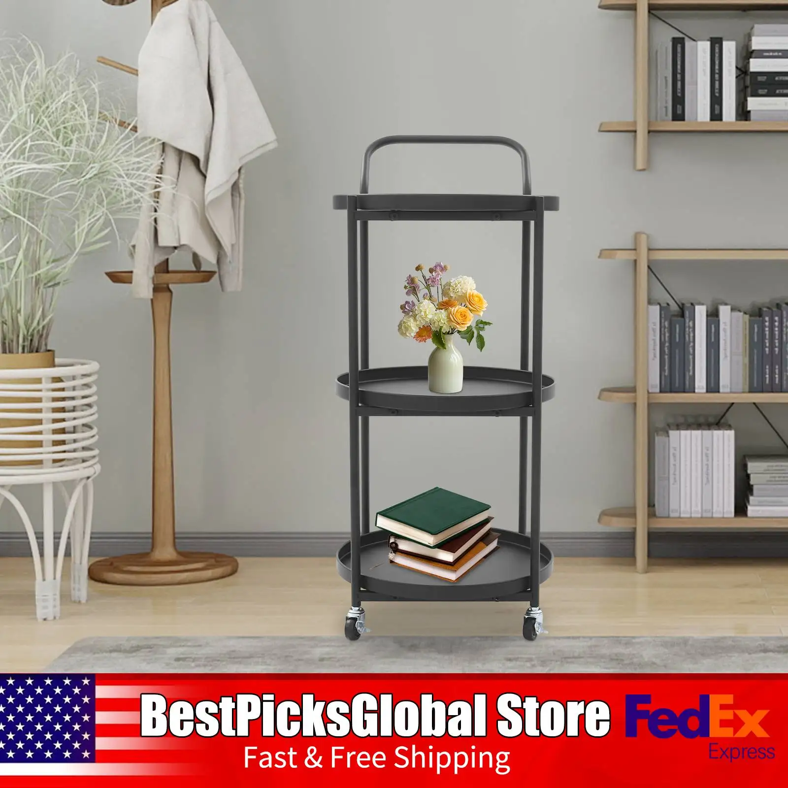 

Metal Frame Serving Cart, Easy to Clean, Black, 3 Layers Rolling Bar Cart, Mobile Storage Cart for Kitchen, Dining Room