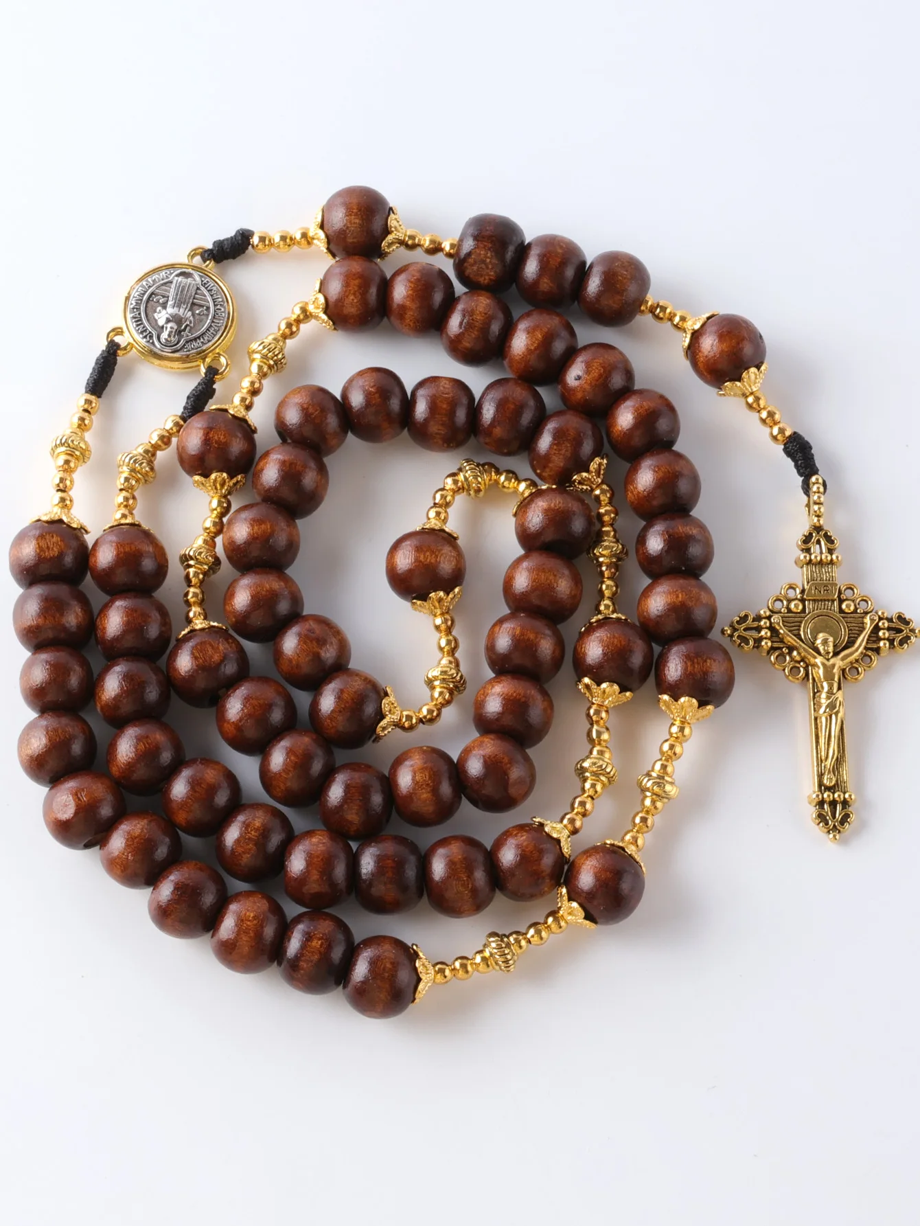 2025 Neu 1 Stück Vintage Katholischer Rosenkranz Schmuck 59 Stück 10mm Holzperlen Kreuz-Halskette, Handgefertigt – Detail 4