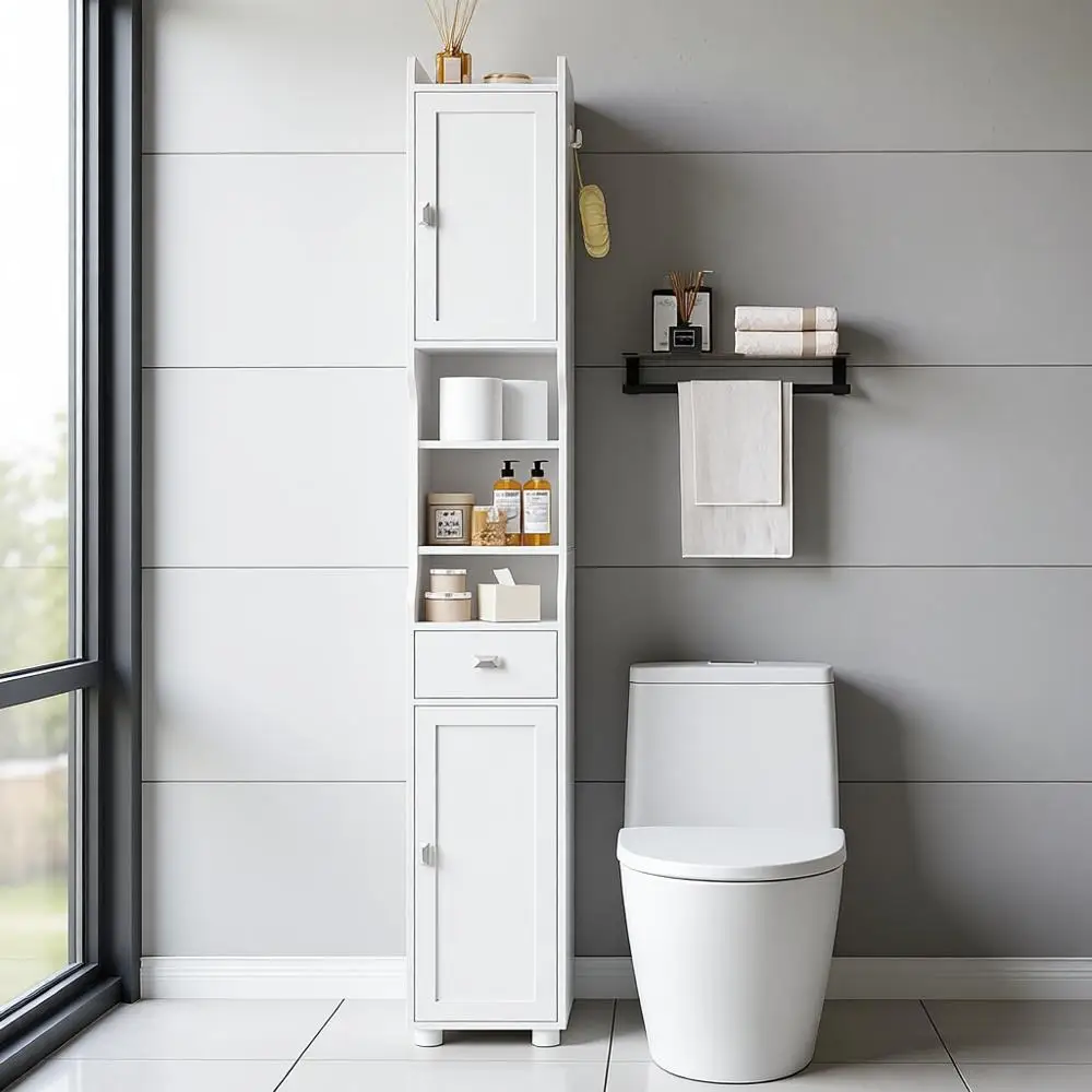 Szafka łazienkowa, wysoka szafka łazienkowa, wolnostojąca szafka podłogowa z 2 drzwiami i 1 szufladą, organizer na toaletę z A