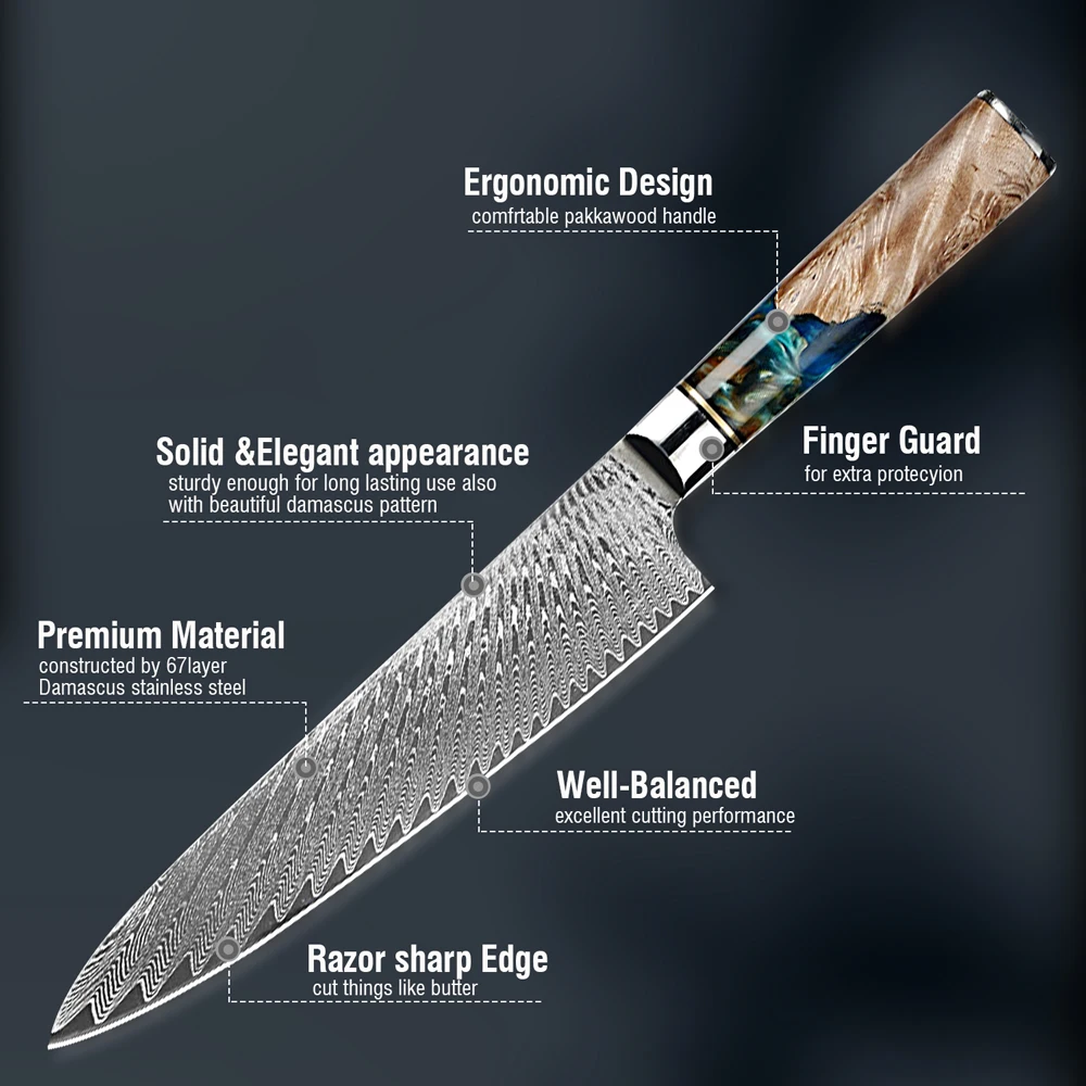 3Pcs Kitchen Chef Knives 67 Layers Damascus Steel VG10 High Carbon Steel Blue Resin Wood Handle Cooking Tool Set Utility Knife