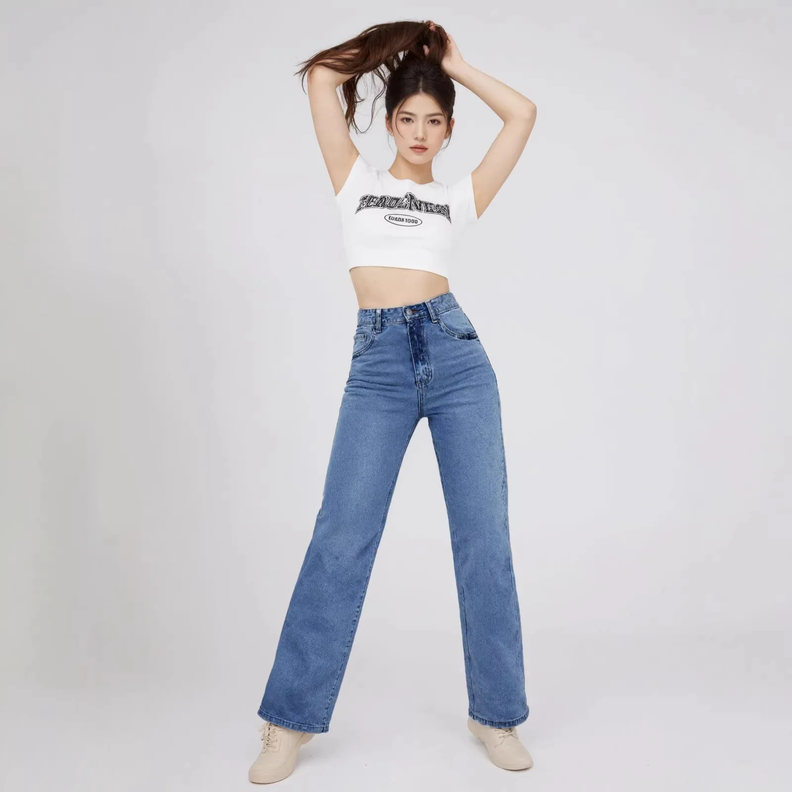 2026 Spring New Cross border Elastic Jeans Women's Loose High Waist Straight Leg Pants Women's Casual Versatile Wide Leg Pants