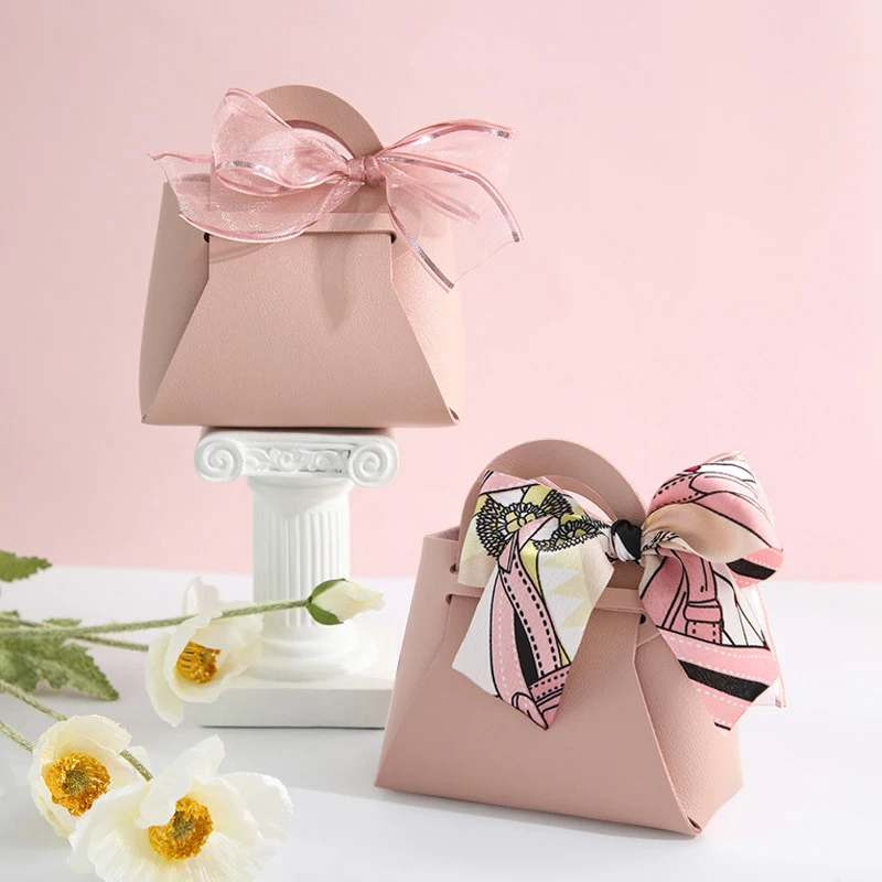 40pcs Easter Leather Mini Gift Bags With Bow Ribbon Packaging Bag Wedding Guest Favour Box Handbag Box Distributions Party Gift