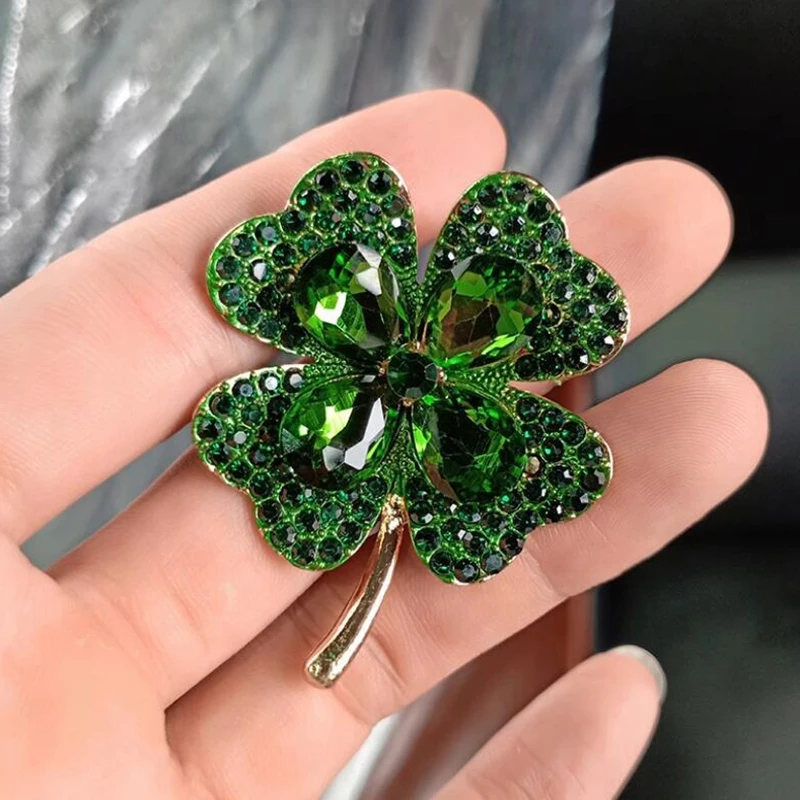 Rhinestone Clover Brooches For Women Green And Red Color Pin Peace And Health Plant Jewelry