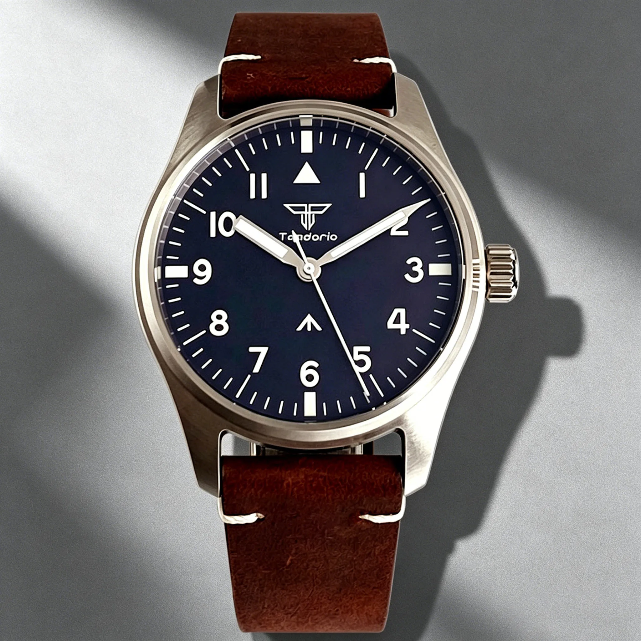 Tandorio 39mm Pilot Stainless Steel Quartz Watch Sapphire Glass 200M Waterproof VH31 Sweep Seconds Movement Lume Men Retro Watch
