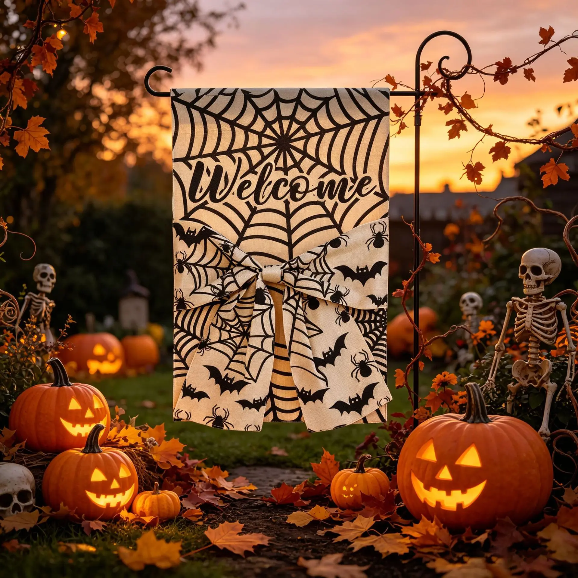2 Stück Halloween Gartenläufer Digital Bedruckt Doppelseitiger Leinenstoff Schleifendekoration Hofläufer – Detail 5