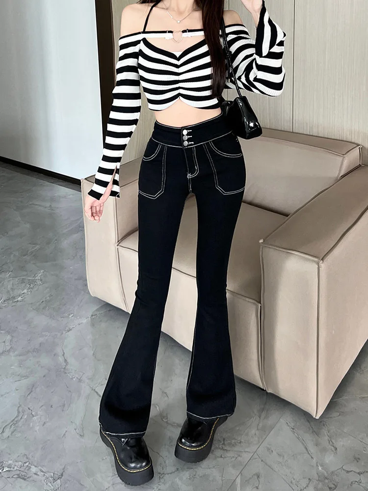 

Single Breasted High Waist Flare Jeans For Women Spring Autumn High Street Slim Boot Cut Denim Pants Ladies Fishtail Jeans