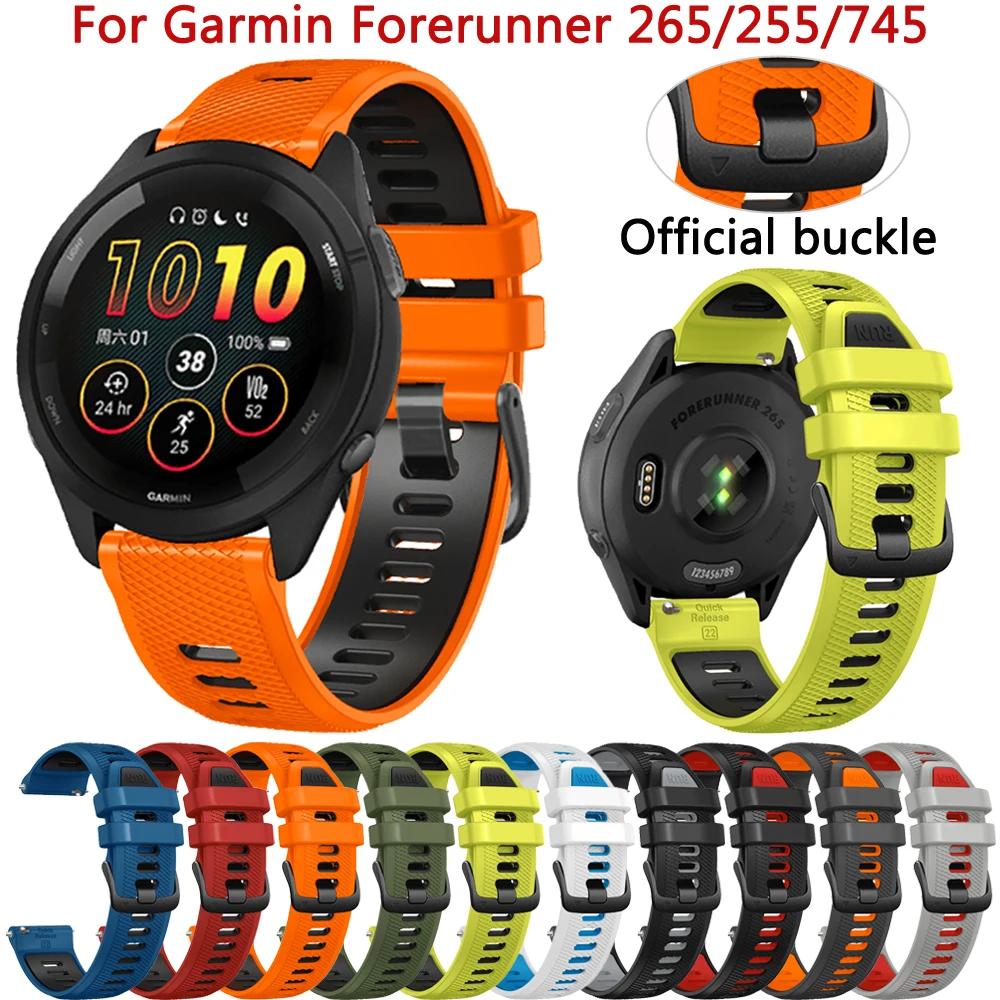 Bracelet officiel de 22mm pour montre Garmin Forerunner 265 745 255 Music, bracelet de rechange en Silicone pour Vivoactive 4 Venu 2 3
