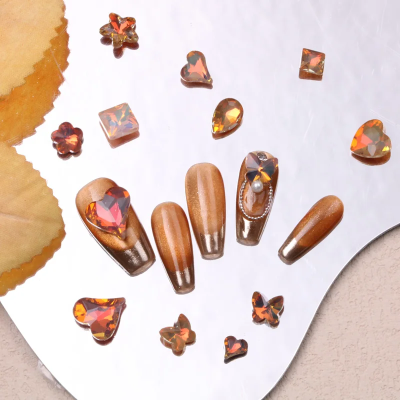 TSZS 30pcs Mixed Maillard Brown Grey Nail Rhinestones Clear Nail Art Decoration 3D Square Heart Star Winter Nail Charms