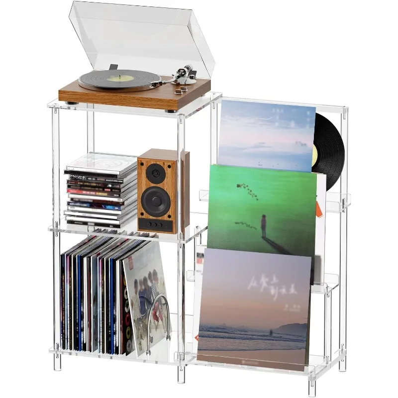 

Acrylic Record Player Stand with Vinyl Storage, 3-Tier Table with Record Holder, Holds Up to 200 Albums, with Dividers
