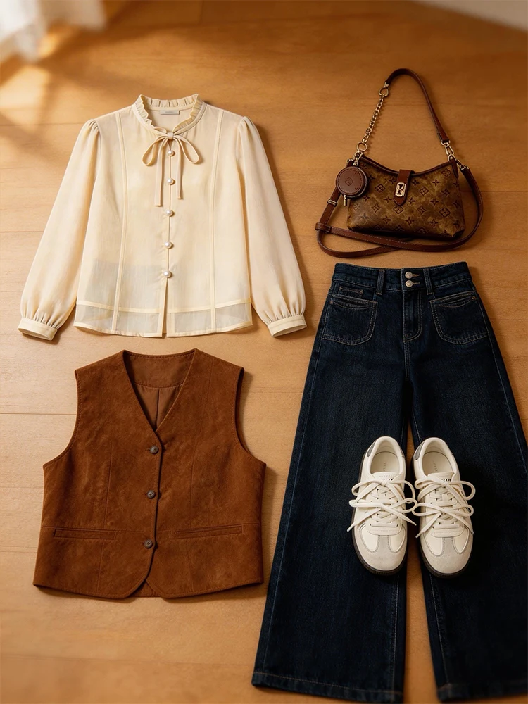

Elegant College Style Women's Fashion Set with Chiffon Shirt Trendy Vest And Wide Leg Jeans Three Piece Set High Waist Pants