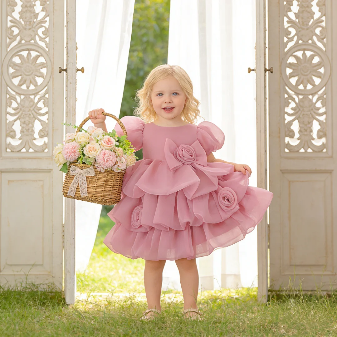 

Bubble sleeve dress elegant design for special occasions white baptismal bow design dress suitable for baby girl birthday