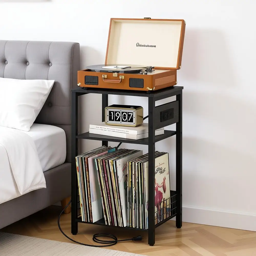 

Трехуровневый прикроватный столик с зарядной станцией, тумбочка для хранения виниловых пластинок
