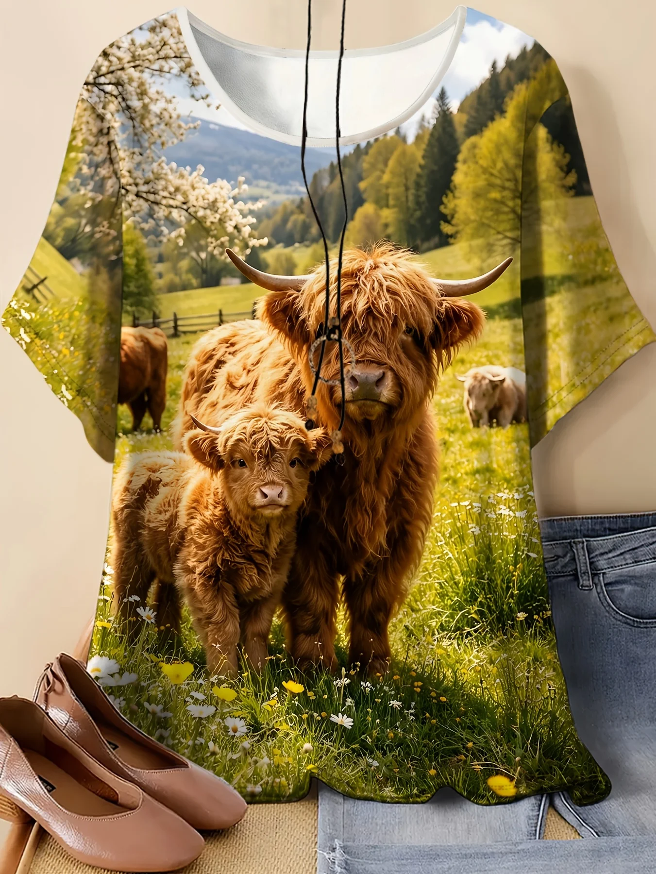 Women Crew Neck Short Sleeve T‑Shirt, Highland Cow Mom And Calf Pasture Mountain Scenery All‑Over Print Casual Summer Tee
