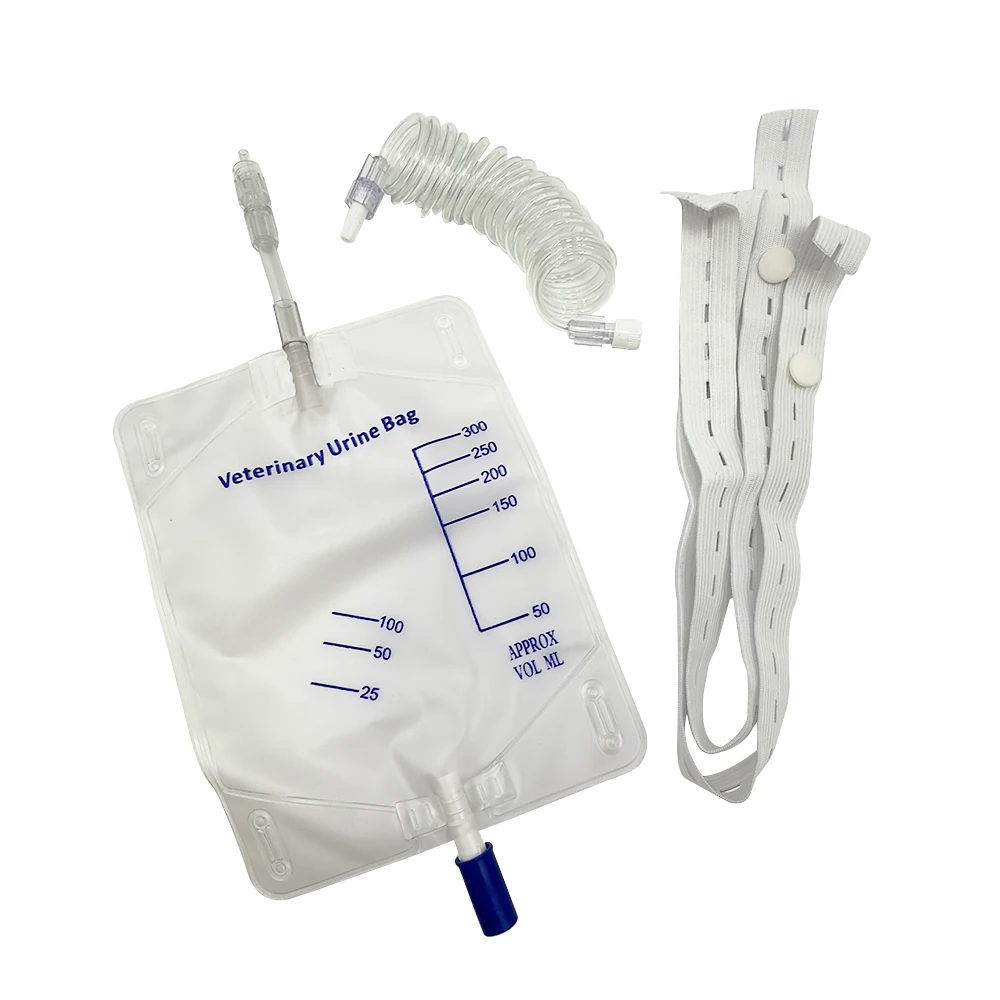 Pet Dog Cat Urine Drainage Collection Bag Luer Lock With Extension Tube Hanging Strap Anti Reflux Drain 300ml