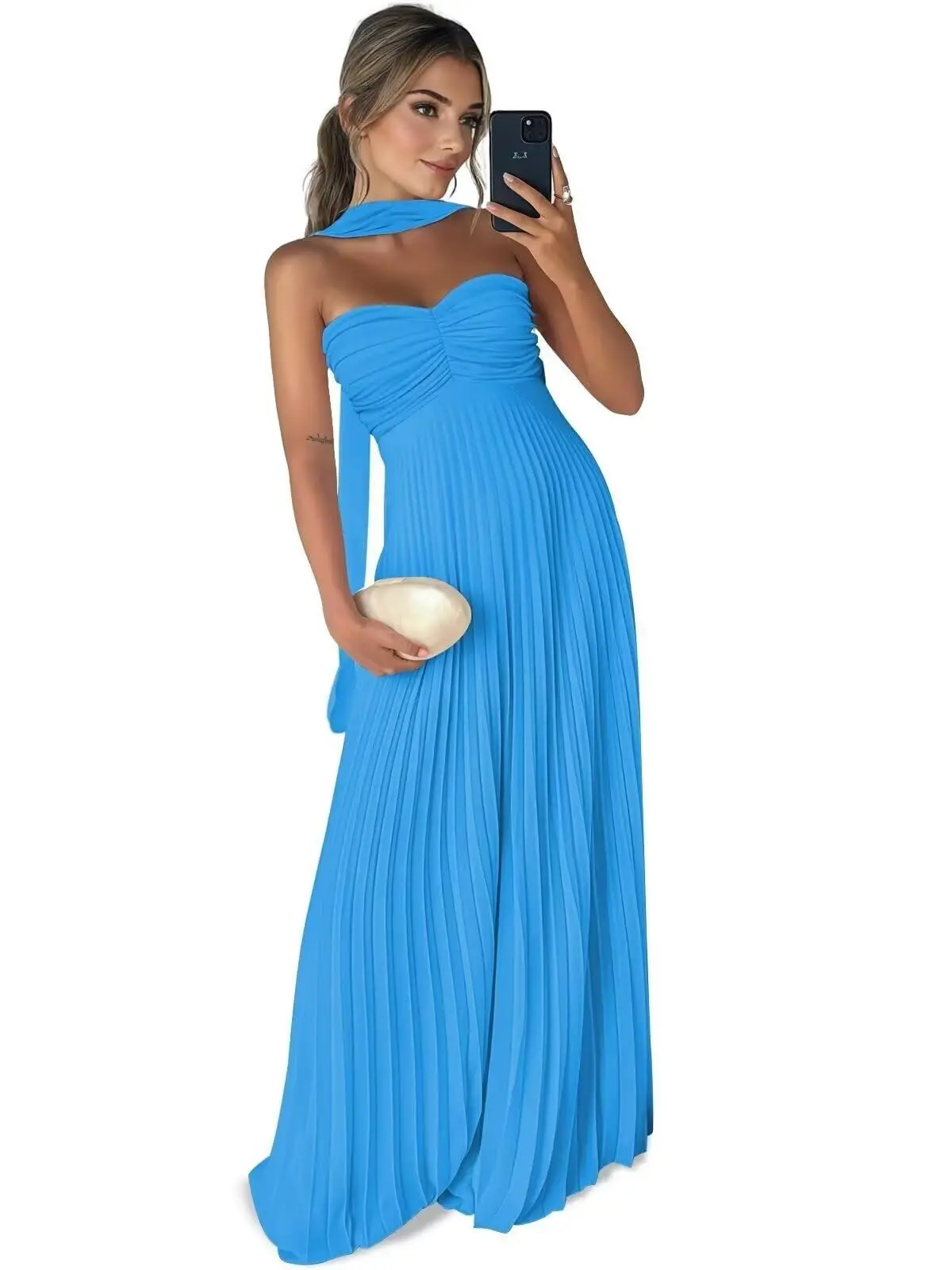 فساتين وصيفة الشرف طويلة من الشيفون من KIVARY للنساء مطوي بدون حمالات فستان سهرة رسمي طويل مع وشاح طويل #3