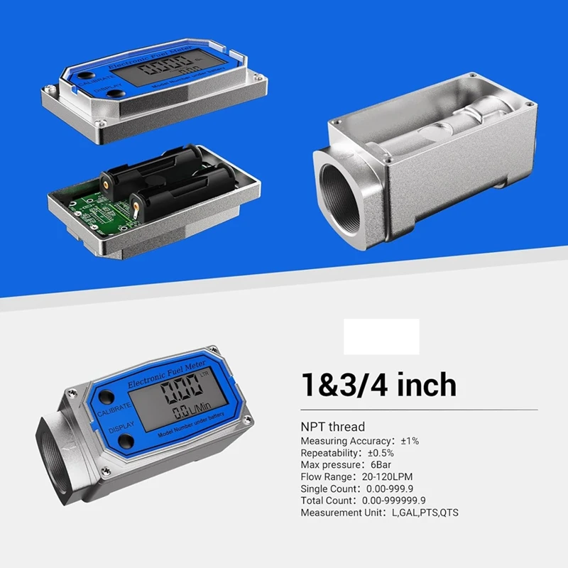 1 Inch Fuel Flow Meter With 3/4 Inch Adapters, Digital Turbine Flow Meter 2.5-31 GPM Inline NPT Thread Dieselflow Meter