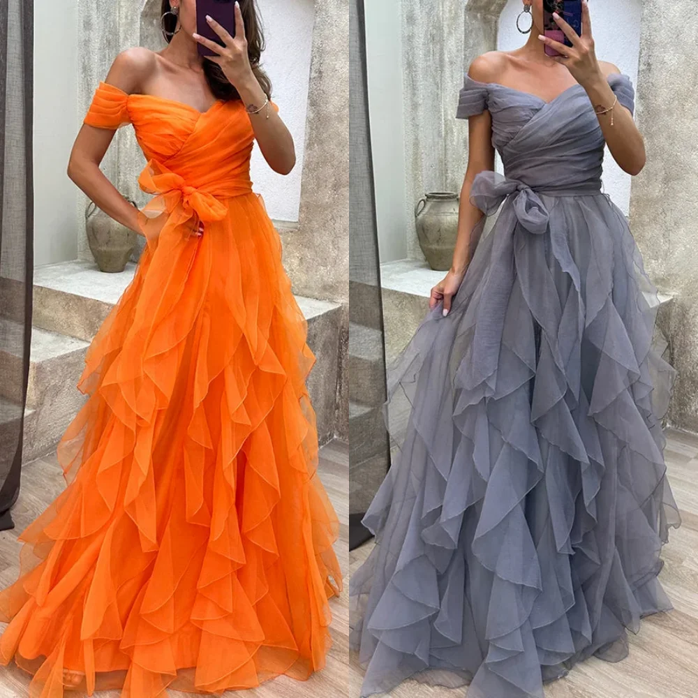 

Customized Exquisite Net Pleat A-line Off-the-shoulder Long Dresses Evening Dresses Modern Style Pastrol Unisex Chinese Style Fo