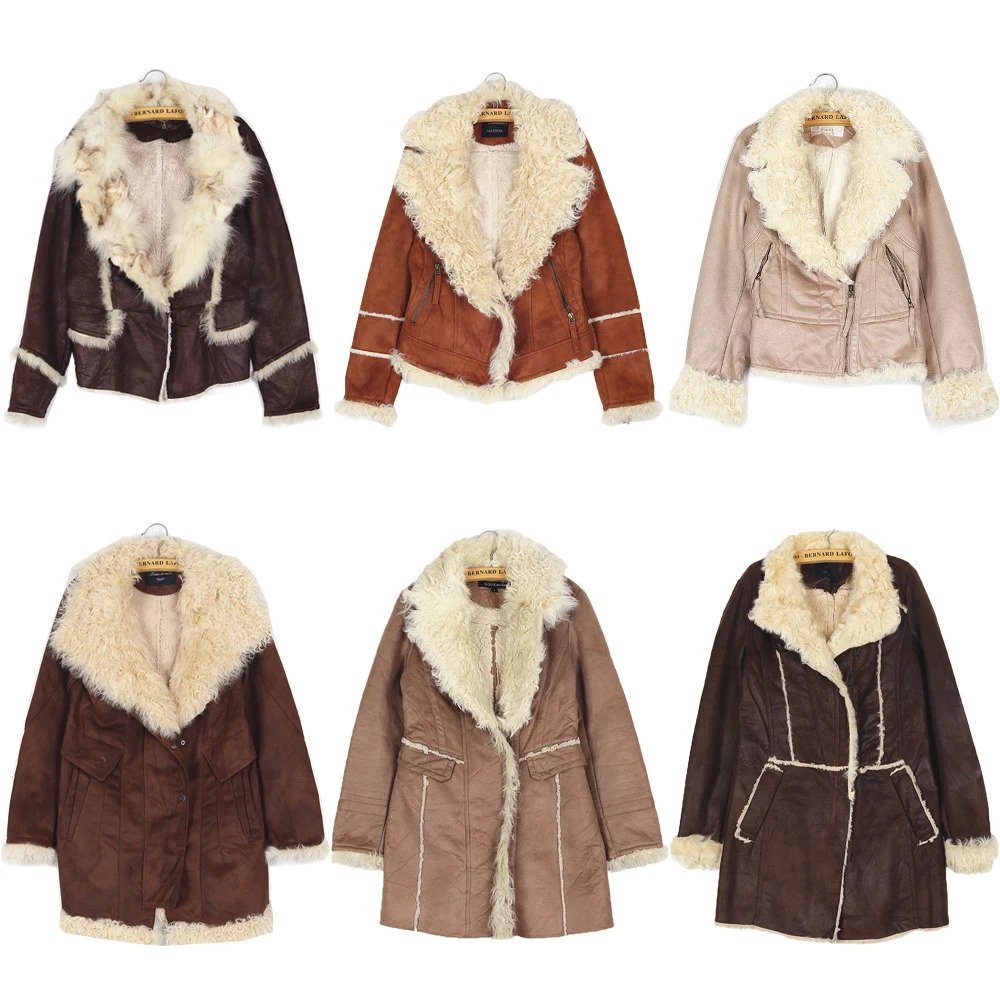 

Thiened Lamb Fur Suede Vintage Warm Jaet Street Sle Zipper Closure Long Sve Slim Fit Кожаное и меховое интегрированное пальто