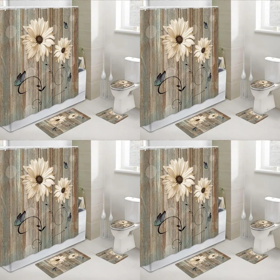 

Rustic White Floral Butterflies Shower Curtain Set with Rugs Barn Wood Vintage Daisy Bathroom Accessories Sets NonSlip Mats for