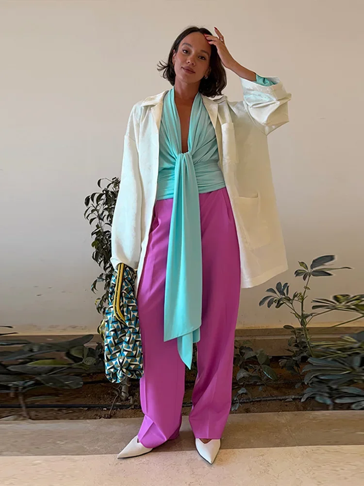 Elegant Pleated Scarf Collar Solid Women Dress Fashion Flare Sleeve Empire Female Dresses 2026 Summer Autumn Beach Lady Robe New view 6