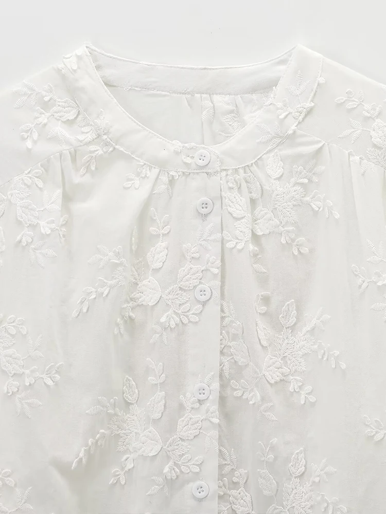 ملابس نسائية صيفية جديدة على الطراز الأوروبي والأمريكي قميص مطرز ثلاثي الأبعاد برقبة دائرية فرنسية