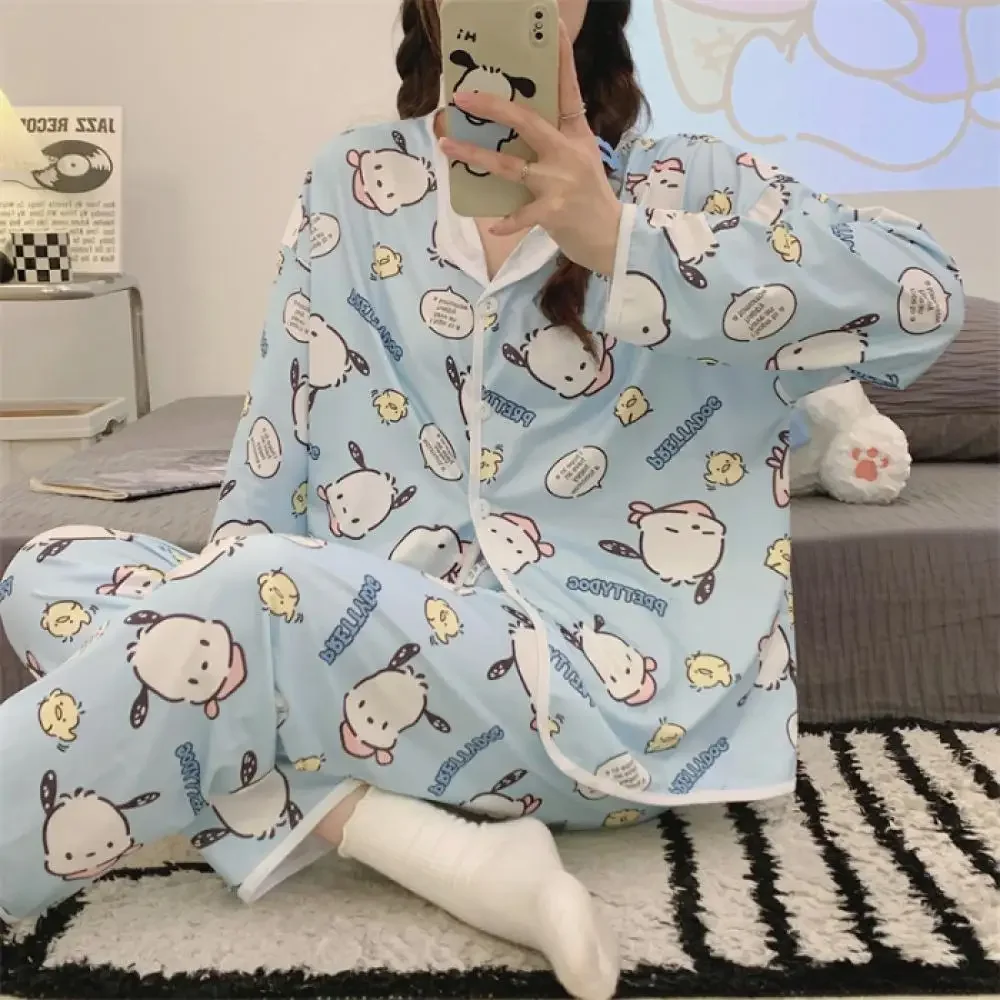 Kawaii Hello Kitty Pochacco женская хлопковая пижама костюм Sanrioed аниме весна осень домашняя одежда для девочек ночная рубашка с героями мультфильмов топы брюки