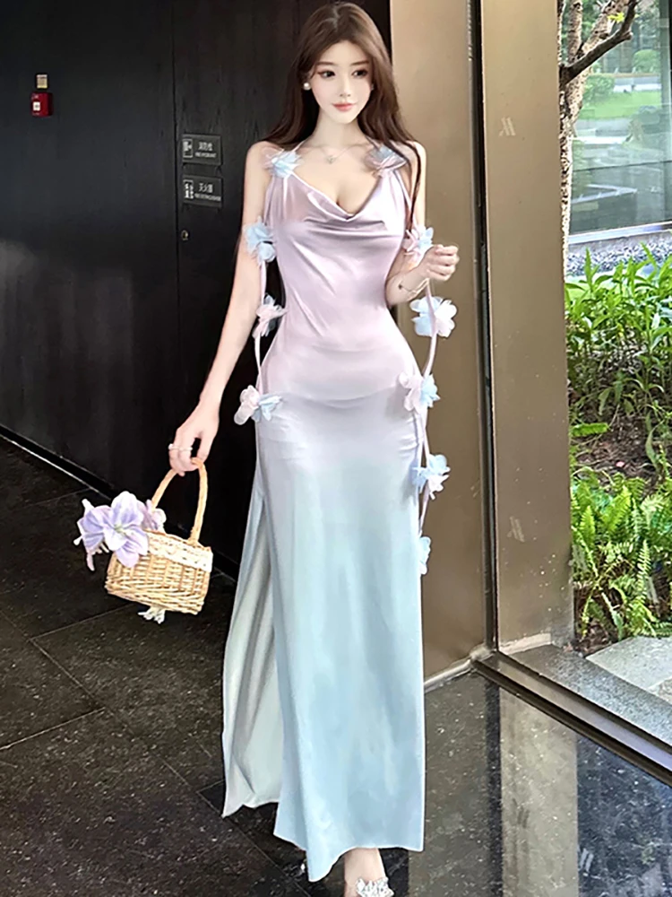 Verano púrpura gradiente malla elegante Floral Sling Sexy vestido largo mujeres elegante Casual estilo de playa vestido 2025 vestidos ceñidos coreanos