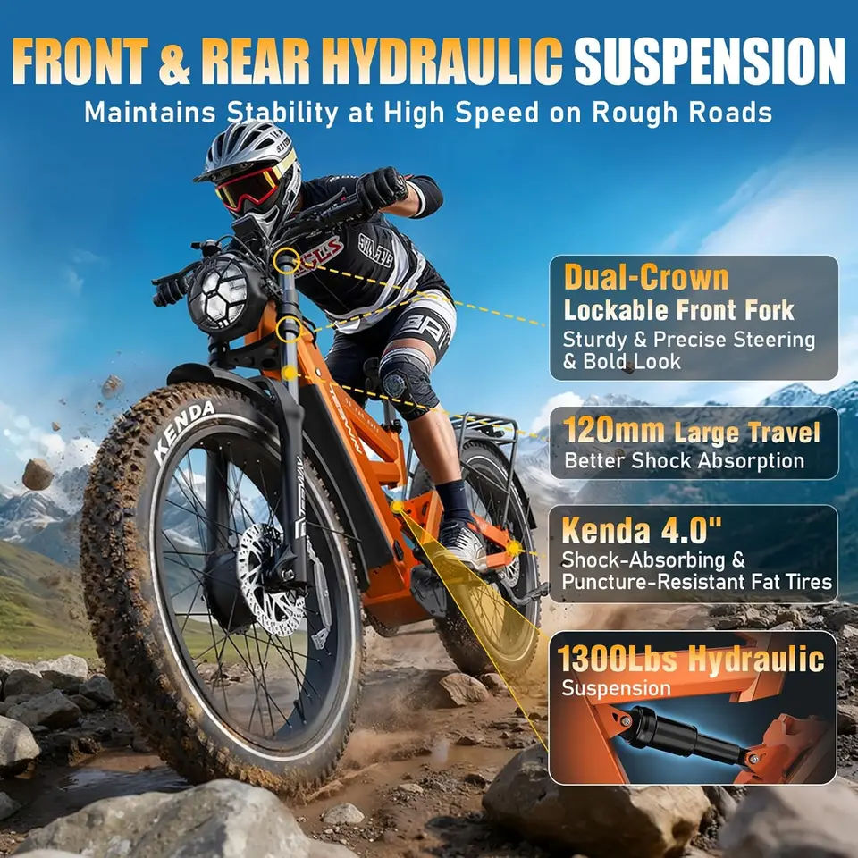 X9 Ultra Dual Motor Ebike, 26" Fat Tire Full Suspension AWD Electric Bike for Adults, 4000W 43MPH 240NM, 60V 30Ah(Camo)/2 image 9