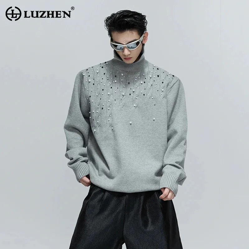 

LUZHEN оригинальный жемчужный декор модная вязаная водолазка с длинным рукавом мужская высокое качество 2025 осень зима повседневный свитер JY4476