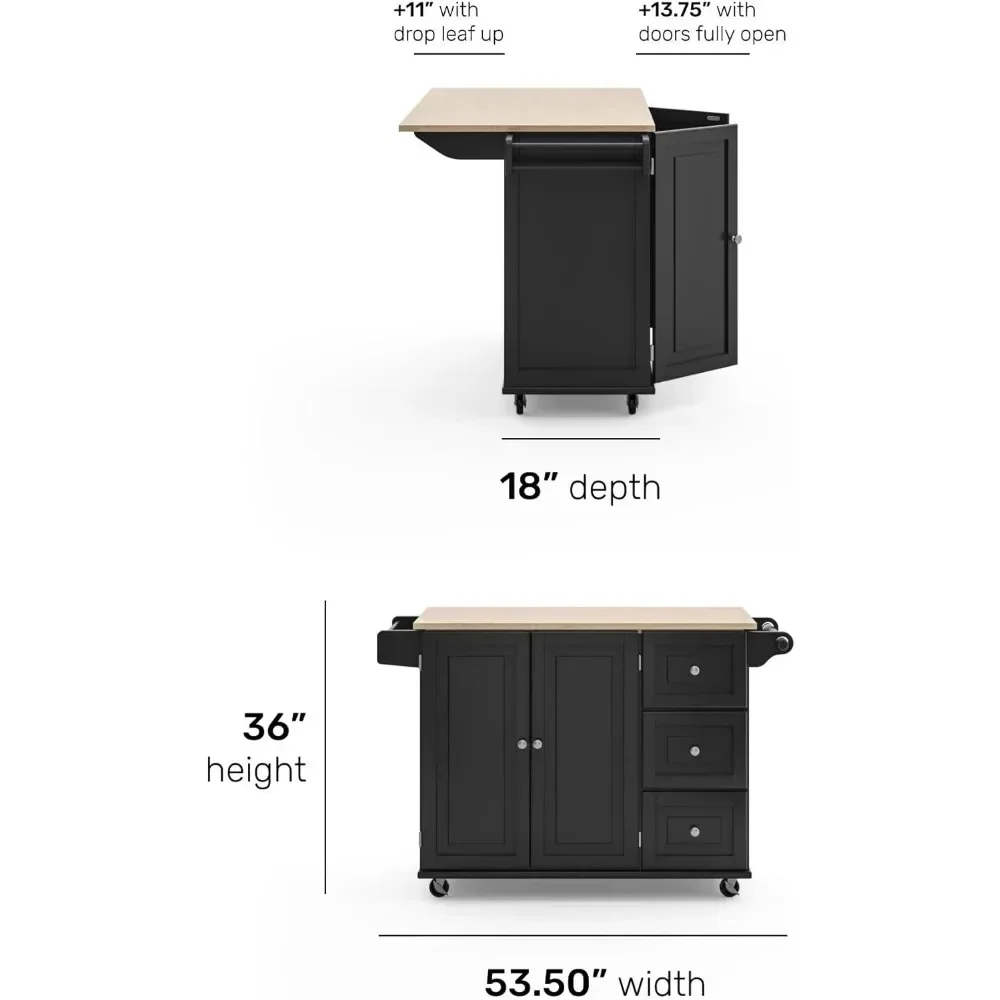 Chariot avec plateau en bois et barre de petit-déjeuner, îlot de cuisine mobile roulant avec rangement et serviette T1