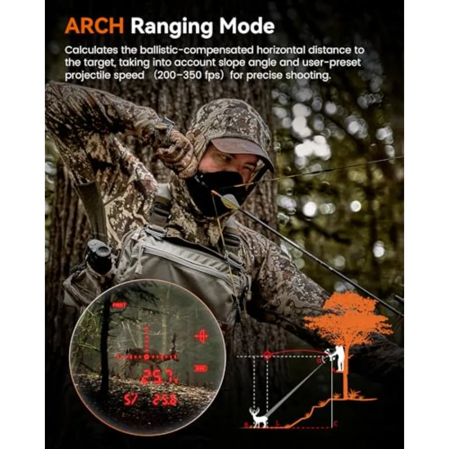 جهاز تحديد المدى بالليزر القابل لإعادة الشحن مع وضع صيد القوس لرماية الرماية: نطاق 2000+ ياردة للمسافة الأفقية وزاوية Mea
