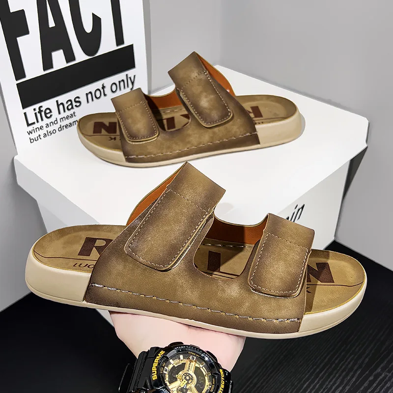 Men‘s Summer Retro Half Slippers Classic Leather Slides Slip-On Anti-Slip Comfort Thick Sole Outdoor Beach Sandals Plus Size - view 2