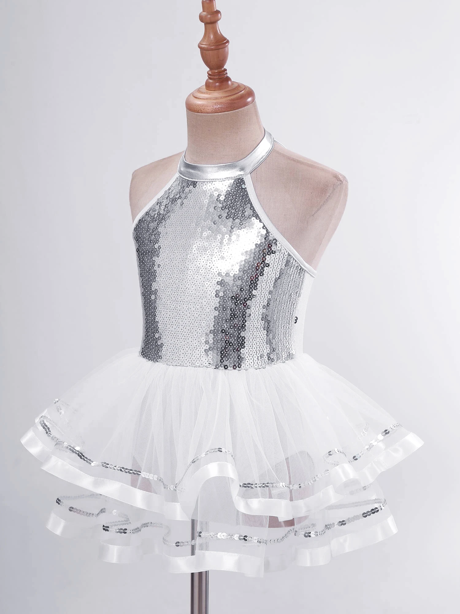 Kids Girls Halter Tutu Ballet Dance Dress Glitter Sequins Gymnastics Leotard Dress Modern Latin Jazz Dancing Performance Costume