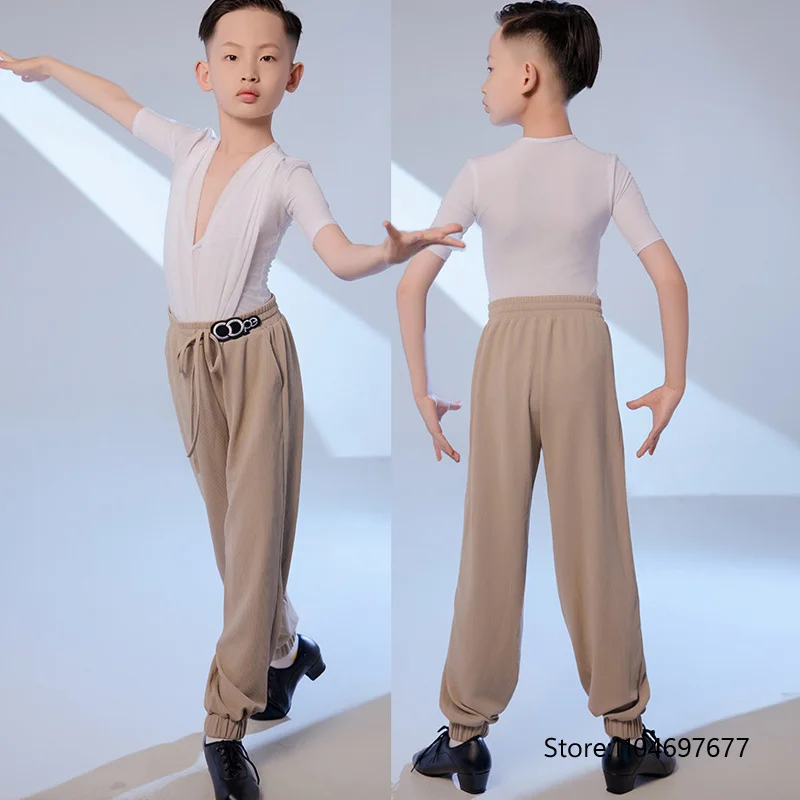 latin-dance-training-clothes-for-boys-v-neck-short-sleeve-bodysuit-white-top-khaki-pants-chacha-rumba-dance-practice-wear