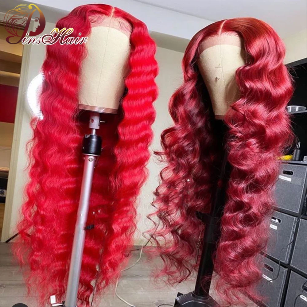 Wig Renda Depan Rambut Manusia Ombak Besar Merah Peruvian 99j Wig Penutupan Renda 13X4X4 Keriting Berwarna Remy Knot Yang Dibleach